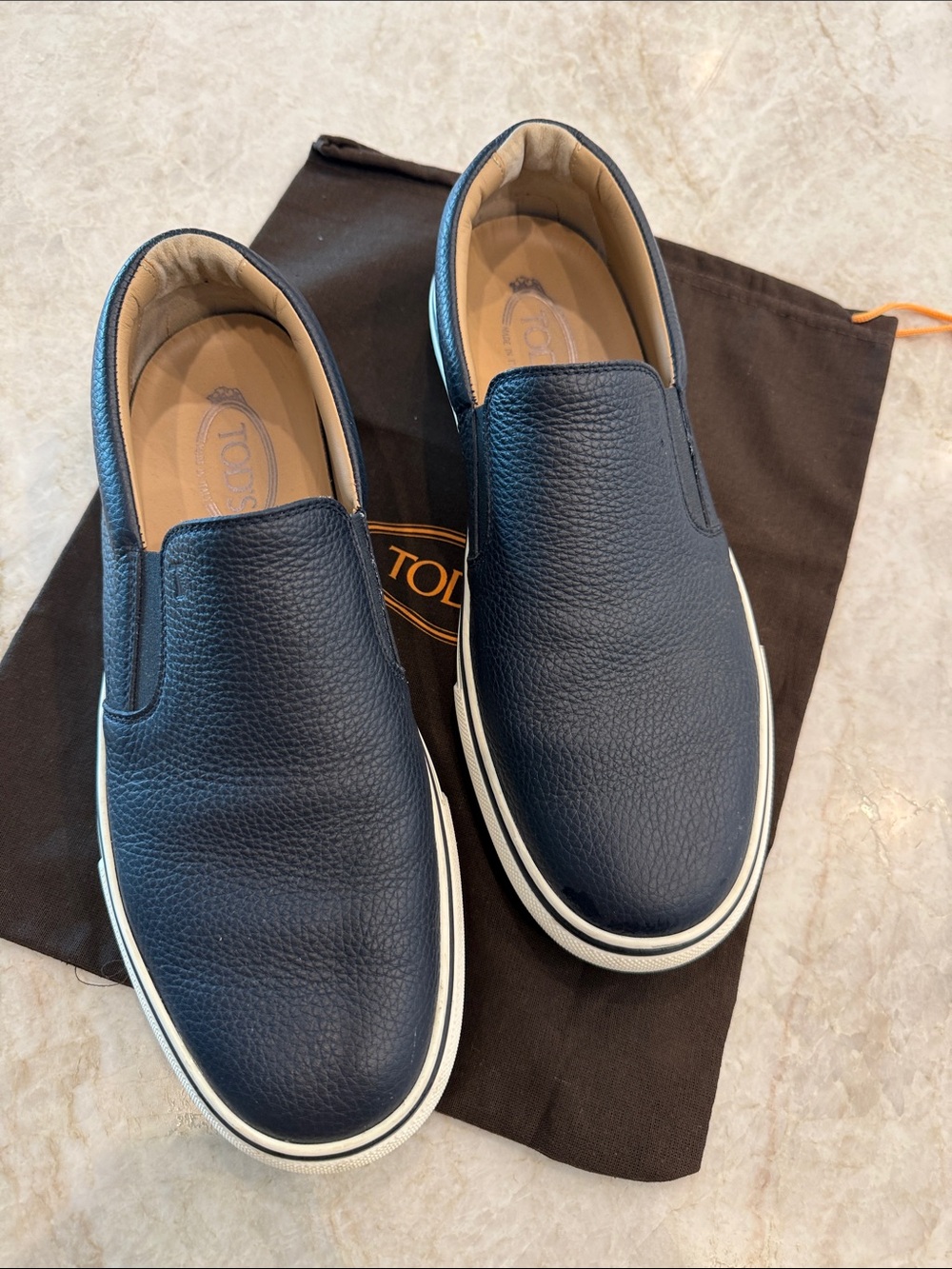 Tod's Navy Blue Leather Slip-On Sneakers